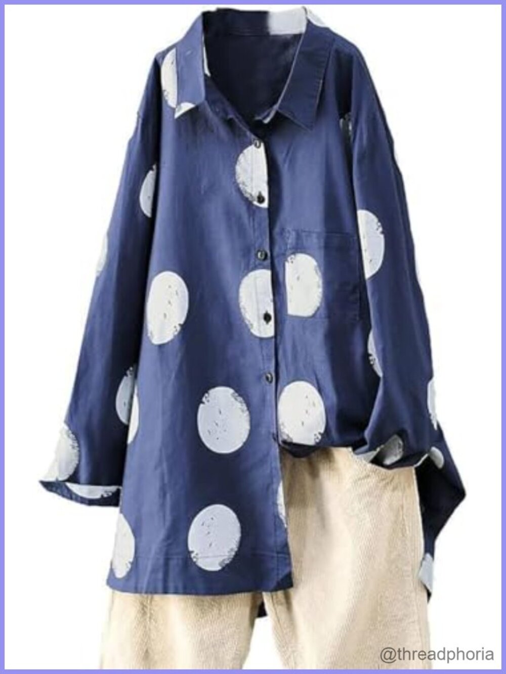 Women's Button Down Tunic Top Polka Dot Cotton Blouse Loose Fit Shirt